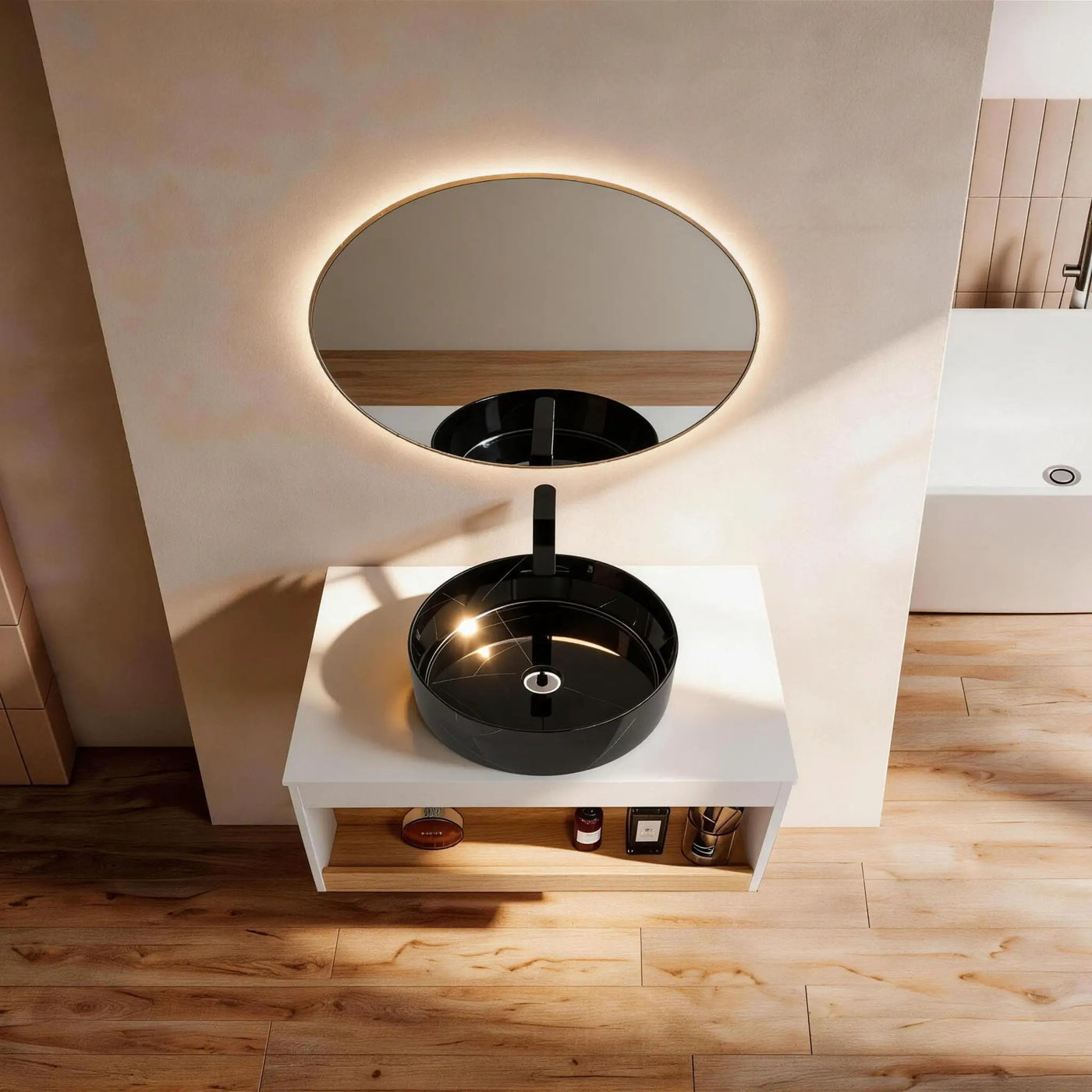 Floating Bathroom Vanity With Vessel Sink With Open Shelf Storage by HouseOfZazla