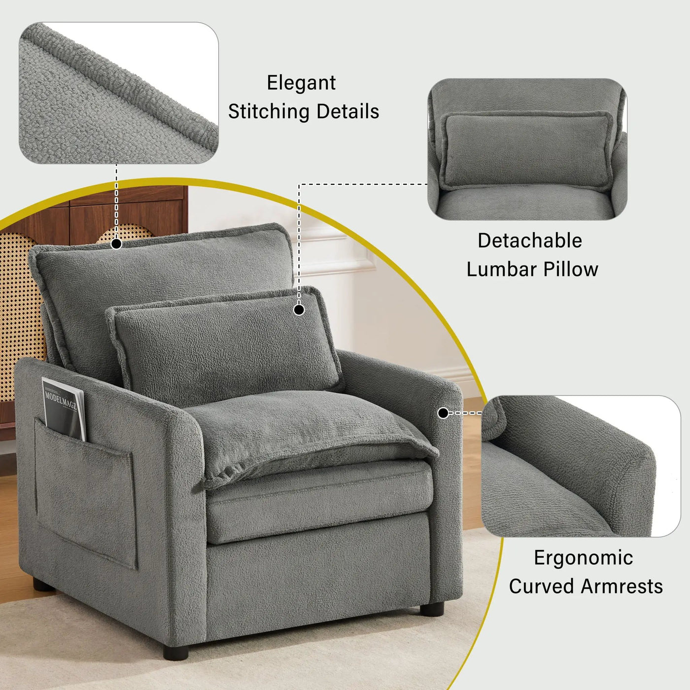 Modern Single Seat Accent Chair With Side Storage Pockets by HouseOfZazla