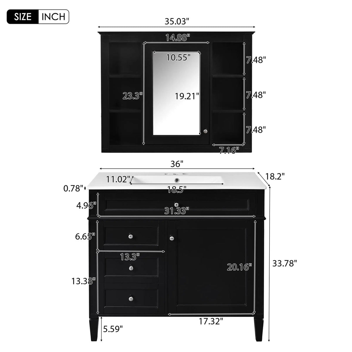 Bathroom Vanity With Mirror Cabinet, Single Sink With 2 Soft Closing Doors And 4 Drawers, photo 15 of 35