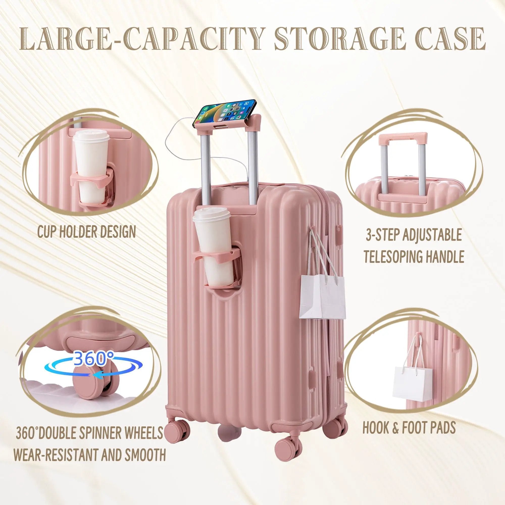 20" / 24" / 28" 3 Pieces / Set Spinner Wheel Luggage, Carry On Suitcase, With Cup Holder & USB Port & Phone Holder by HouseOfZazla