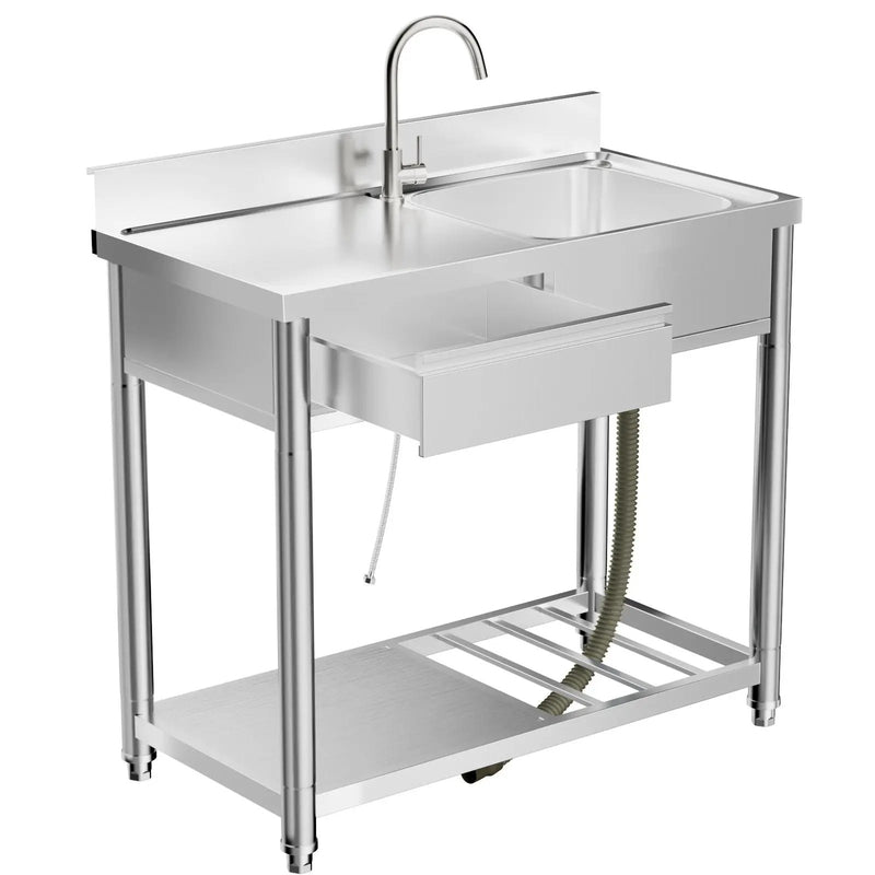 Outdoor Utility Sink With Workbench & Storage Shelf, Freestanding Prep Table With Left Drawer, Garden Patio Sink Station With 360° Hot & Cold Water Faucet - Silver by HouseOfZazla