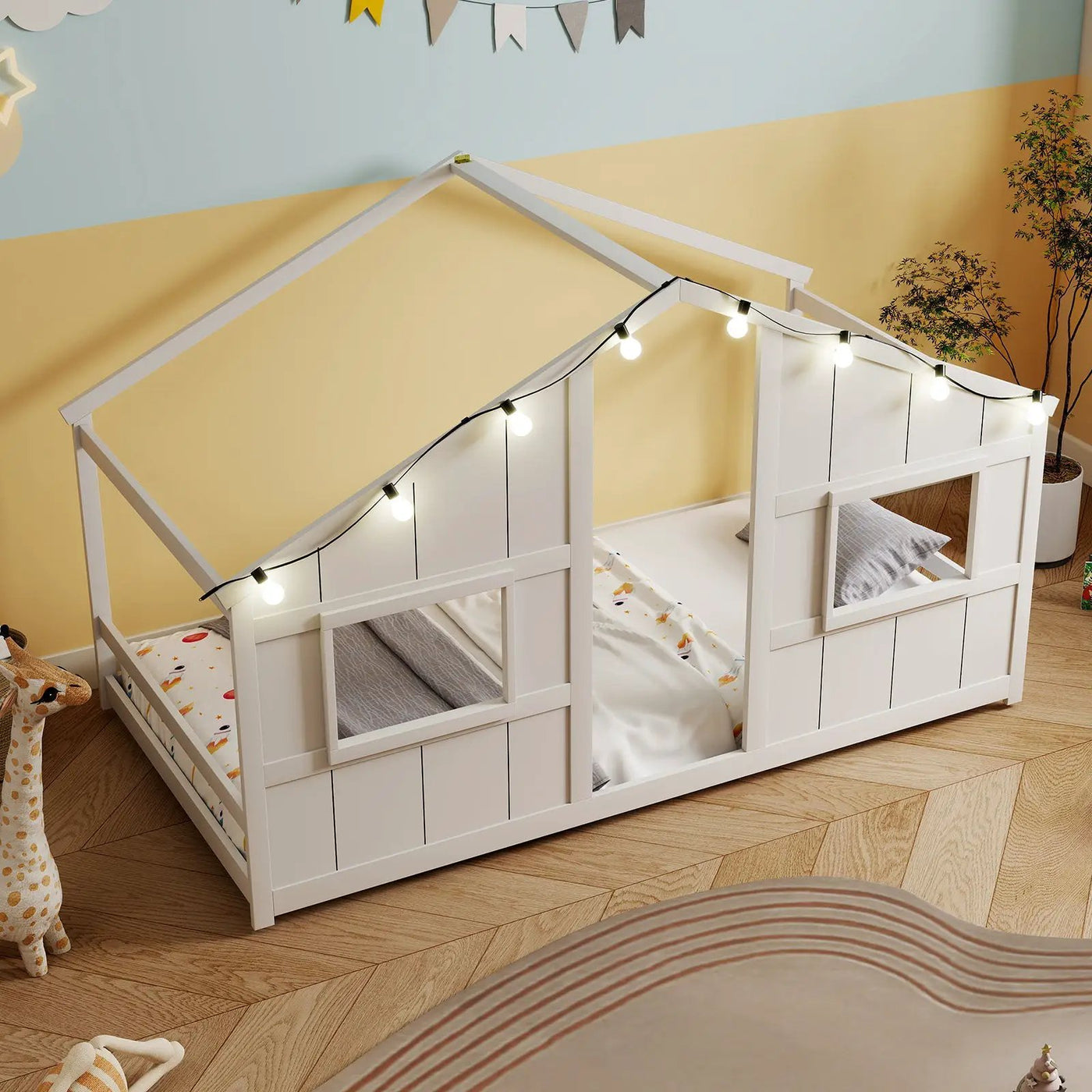 Twin Size House Bed with LED Lights Montessori Slat-free Floor Bed by DirectDeals