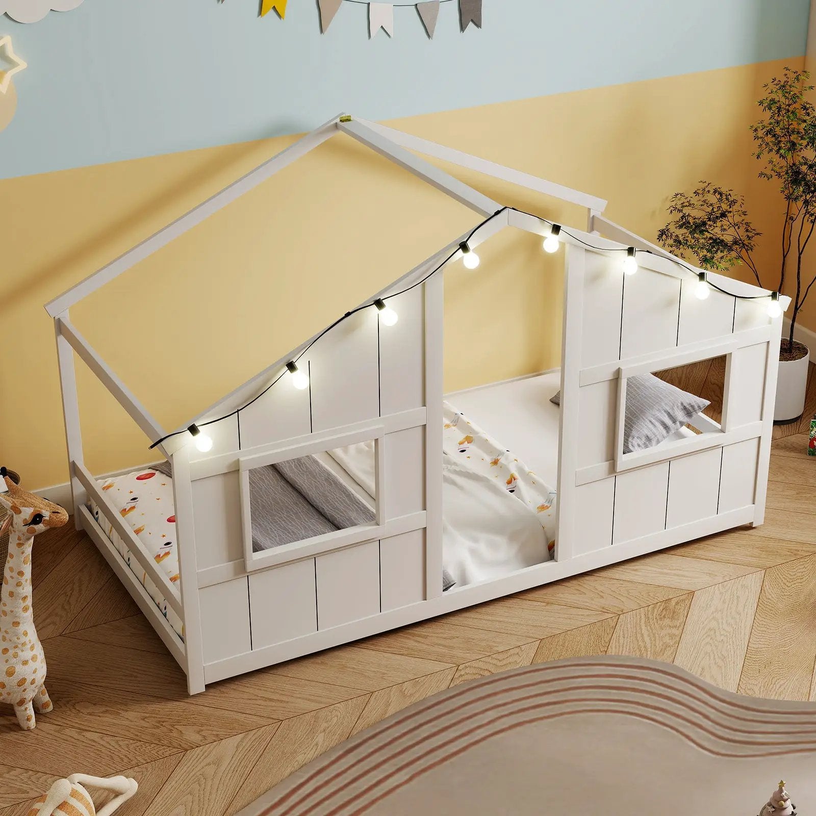 Twin Size House Bed with LED Lights Montessori Slat-free Floor Bed by DirectDeals