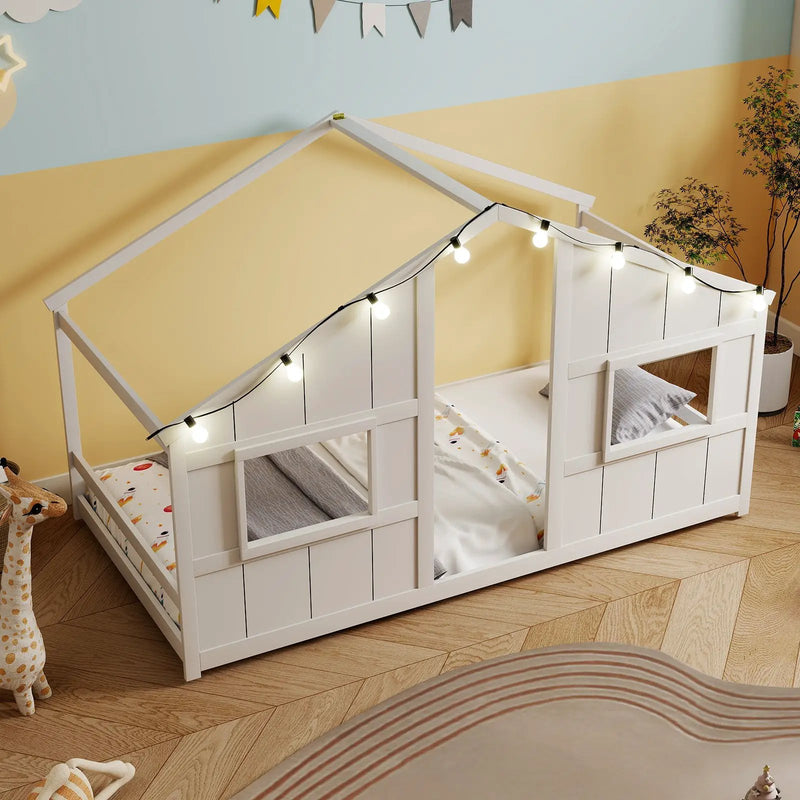 Twin Size House Bed with LED Lights Montessori Slat-free Floor Bed by DirectDeals
