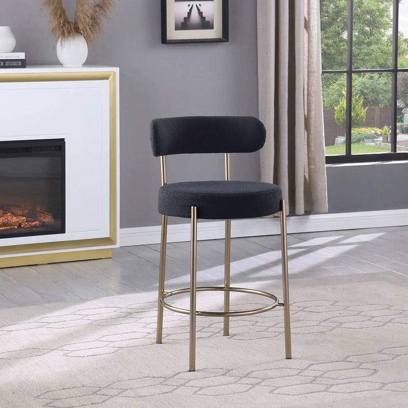 Modern Sherpa Counter Height Stools, Uphsoltered Seat Height Barstools With Brushed Brass Metal Legs Round Low Back Kitchen Stools With Footrest For Dining Room (Set of 2) by Unique Piece Furniture