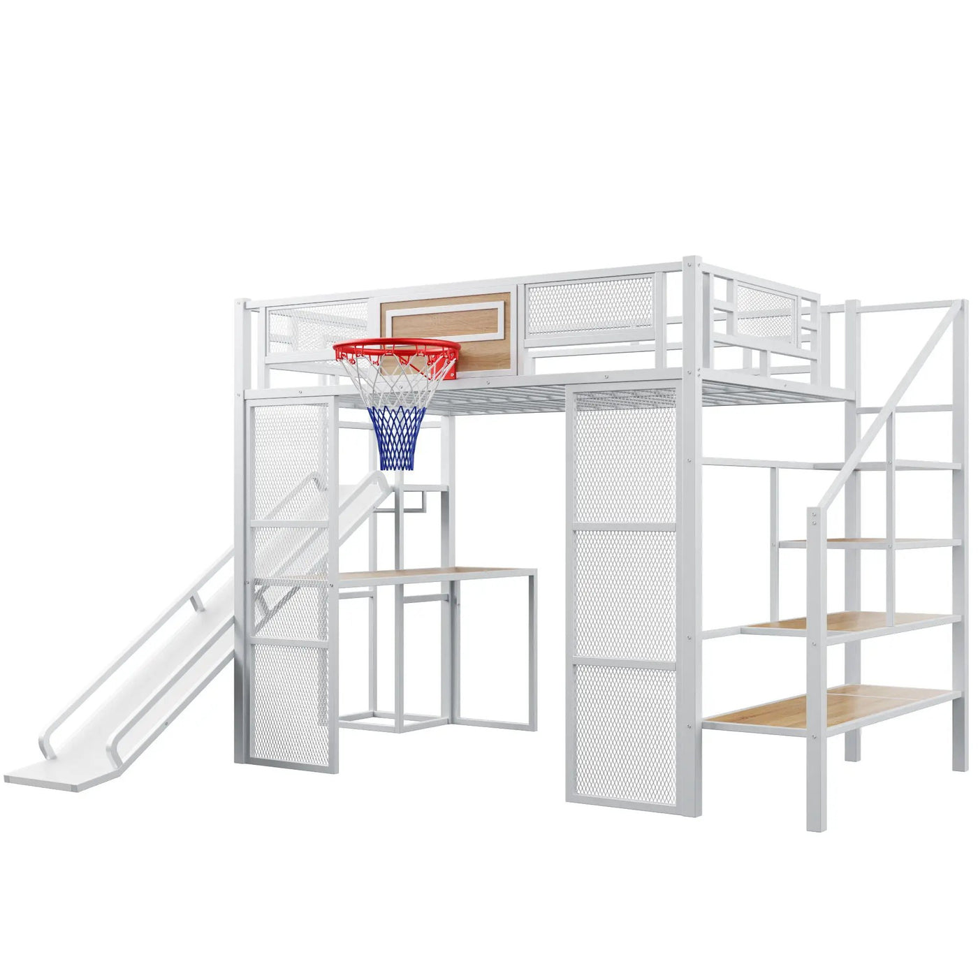 Loft Bed With Built In Desk, Open Wardrobe, Basketball Hoop, Slide And Staircase by HouseOfZazla