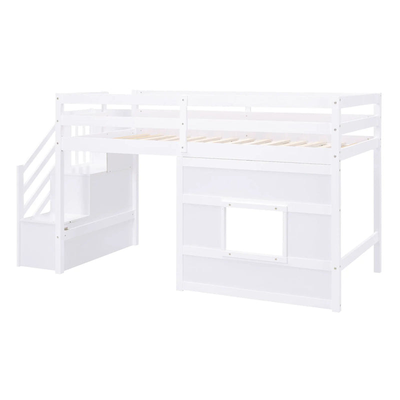 Loft Bed With Storage Staircase, Window & LED Light