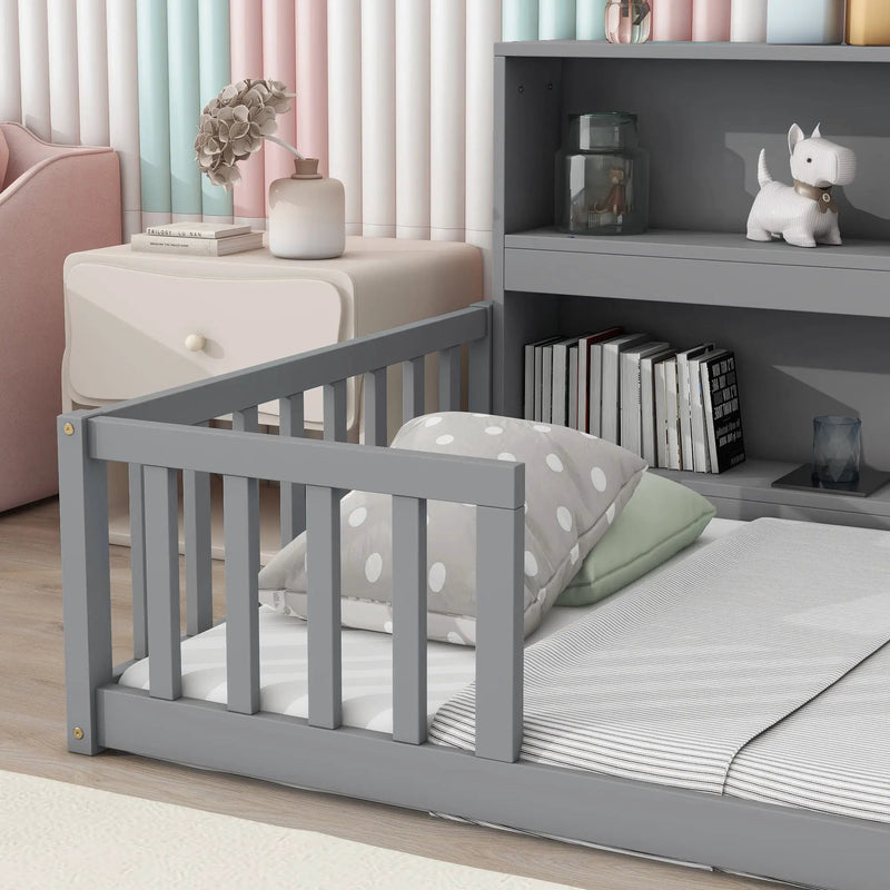 Floor Bed With Bedside Bookcase, Shelves, Guardrails by Unique Piece Furniture