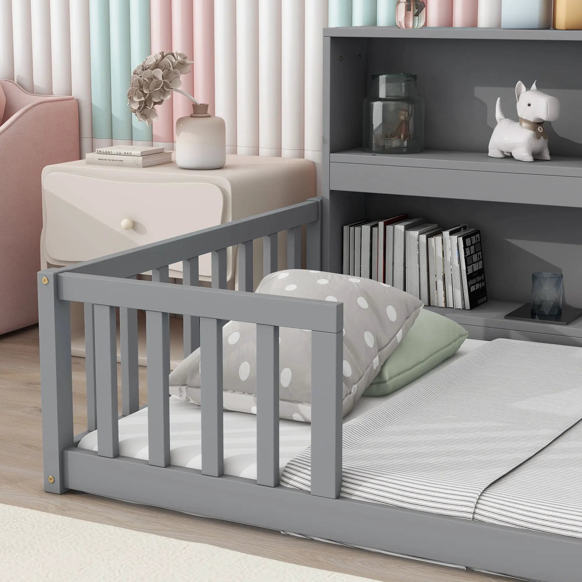 Floor Bed With Bedside Bookcase, Shelves, Guardrails by Unique Piece Furniture