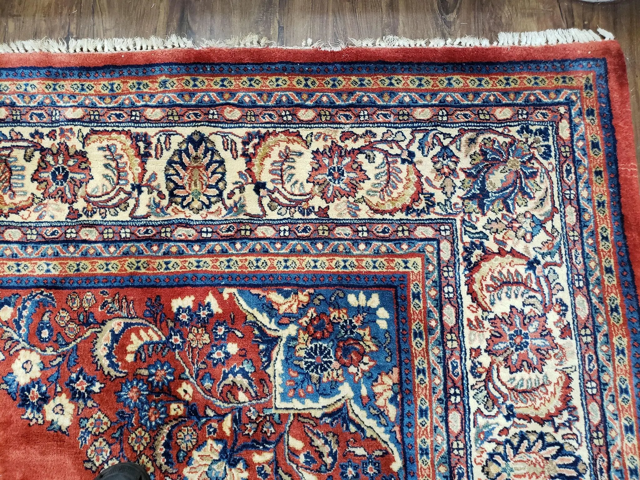 Semi Antique Persian Sarouk Rug 9x12, Semi Open Field with Central Medallion, Hand Knotted Wool, Tomato Red, 9 x 12 Authentic Oriental Carpet by Jewel Rugs