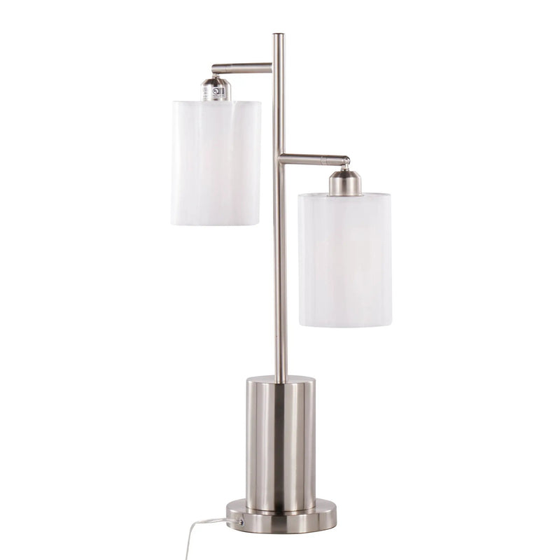Cannes Contemporary Table Lamp in Nickel Metal with White Shades by HouseOfZazla