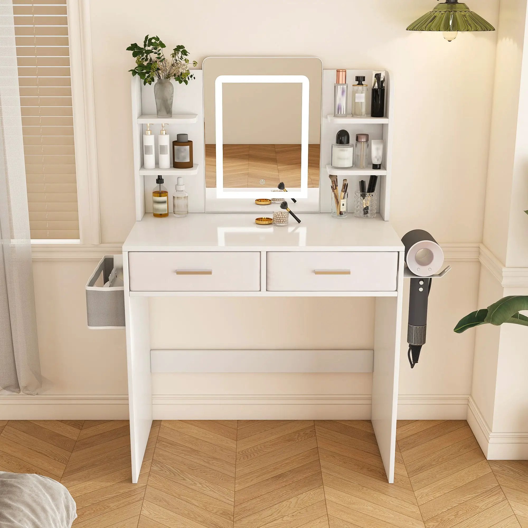 Elegant LED Mirror Vanity Dressing Table With Adjustable Lights, Drawers & Storage - White by Unique Piece Furniture