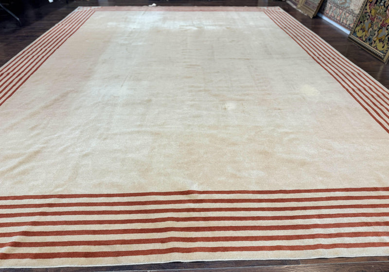 Modern Tibetan Rug 11 x 14.6, Wool and Silk, Simple Design, Handmade Large Area Rug, Cream by Jewel Rugs
