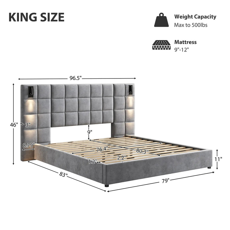 King Size Upholstered Bed Frame with Wall Sconce and USB Port by HouseOfZazla