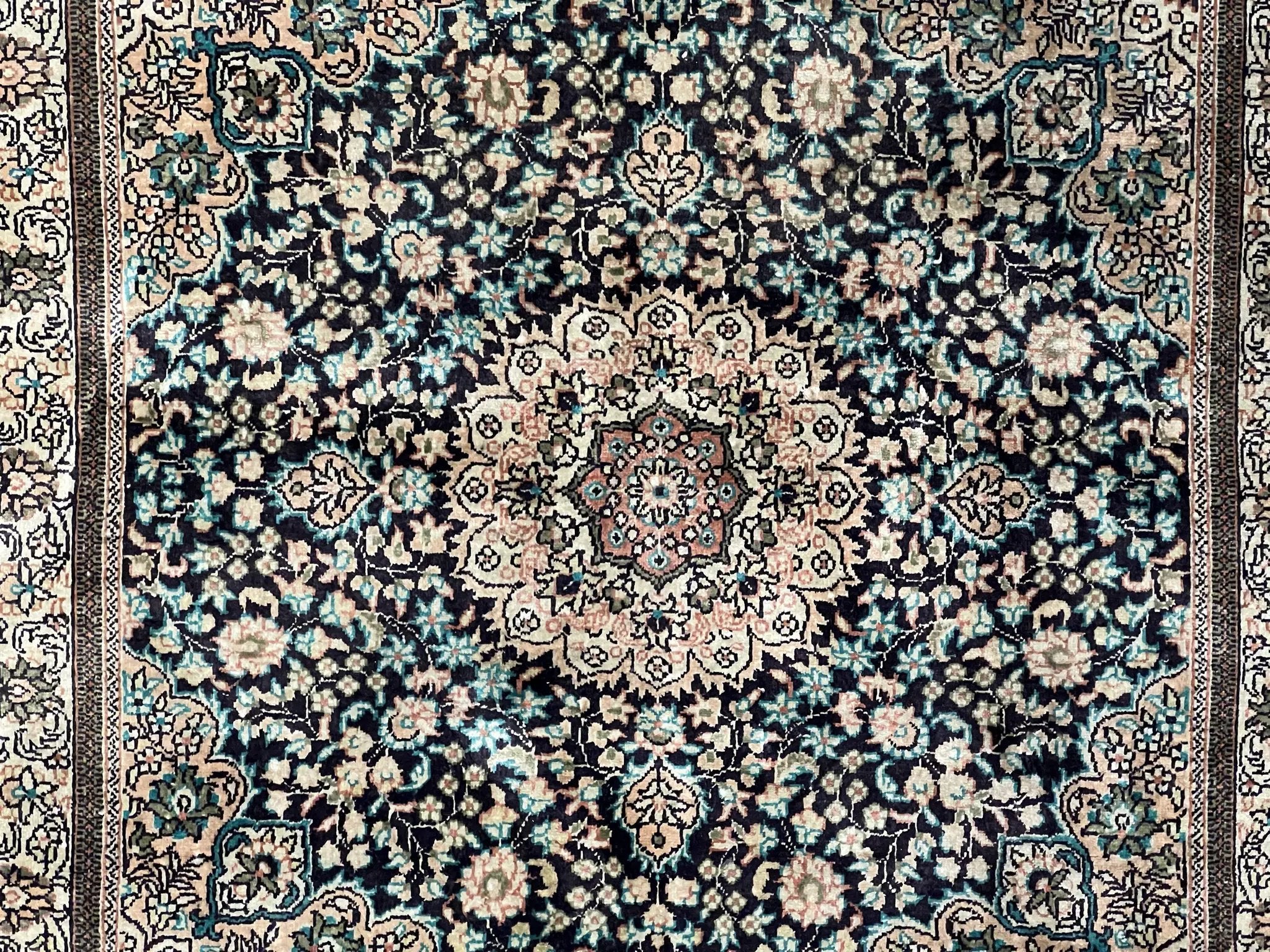Sino Persian Silk Rug 2x2 ft, Very Fine High KPSI Small Silk Oriental Carpet, Hand-Knotted, Medallion, Vintage Silk Rug, Black Ivory/Cream by Jewel Rugs