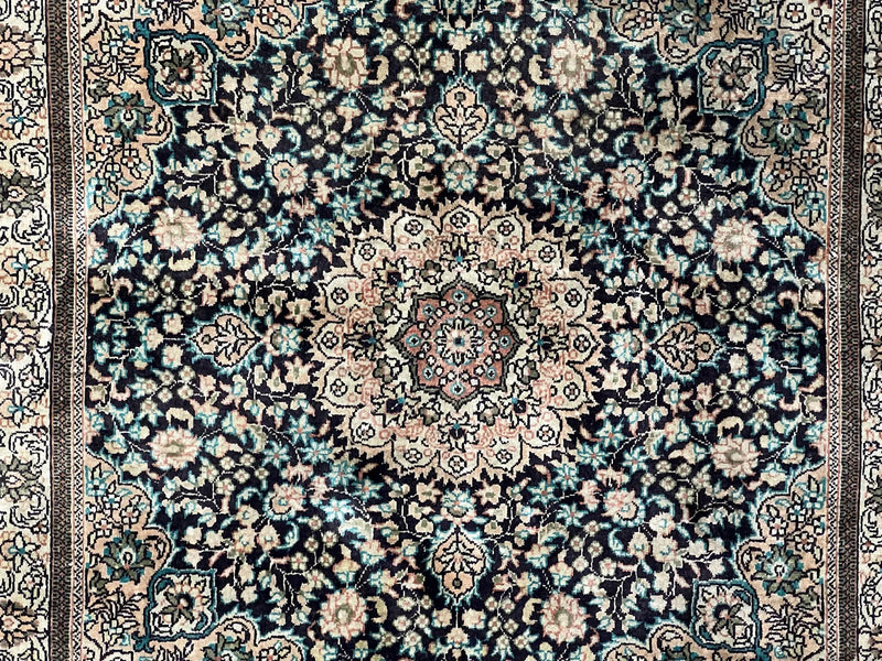 Sino Persian Silk Rug 2x2 ft, Very Fine High KPSI Small Silk Oriental Carpet, Hand-Knotted, Medallion, Vintage Silk Rug, Black Ivory/Cream by Jewel Rugs