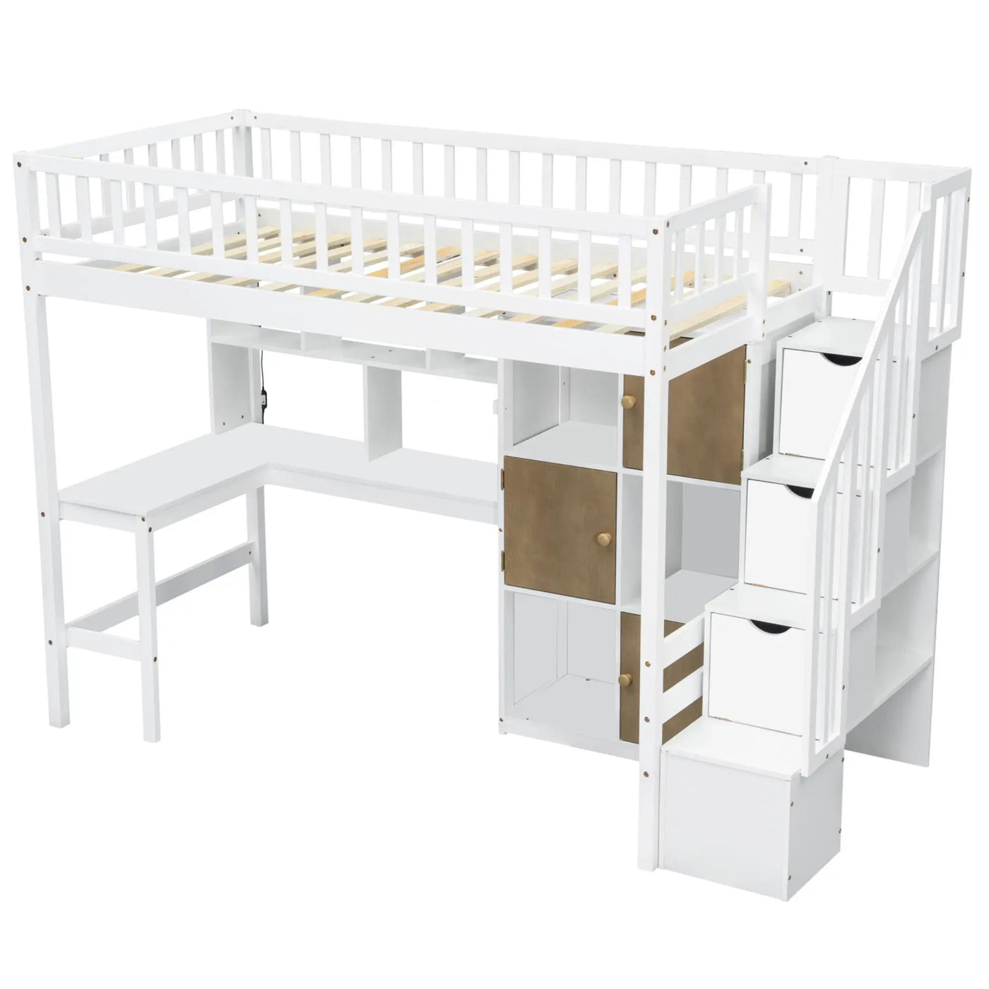 Loft Bed With Built In L Shaped Desk, LED Lights, Storage Shelves, Cabinets, And Staircase by HouseOfZazla