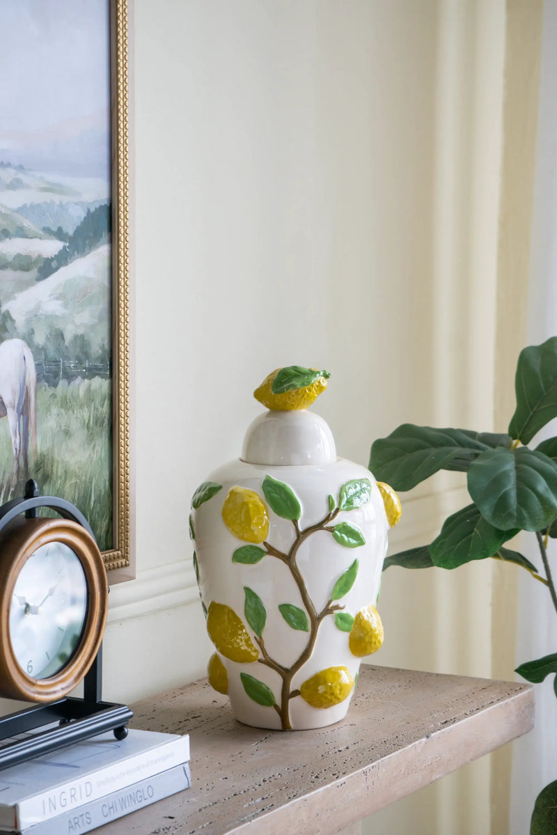8.7x8.7x15' White Ceramic Lidded Jar with Playful Lemon Design by HouseOfZazla
