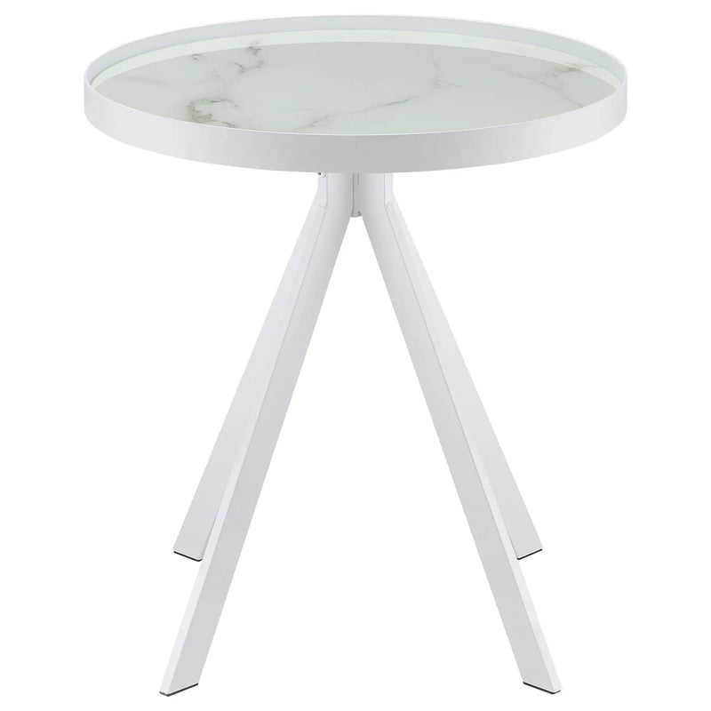 Briggs Round Marble Printed Glass Top End Side Table White by Unique Piece Furniture