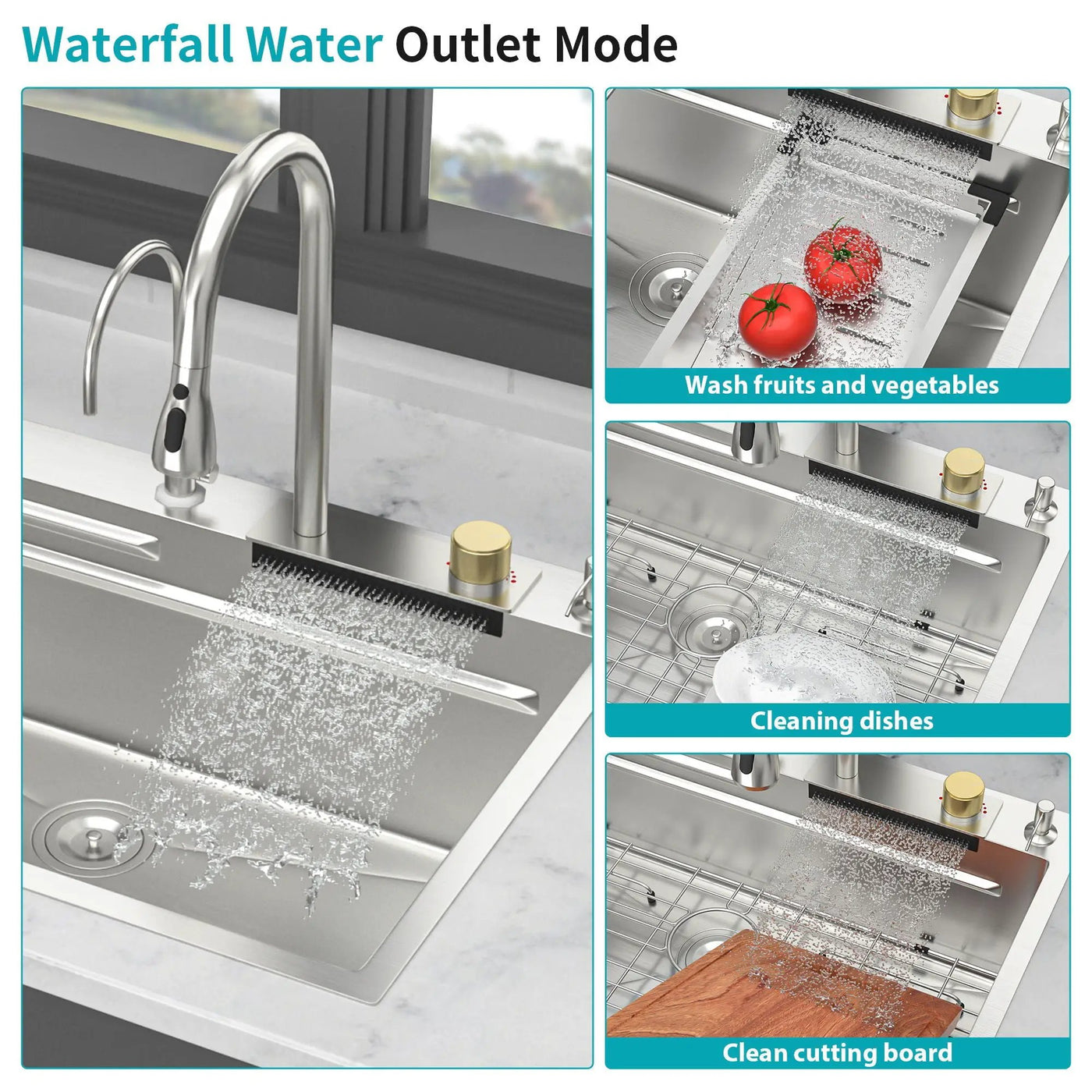 Waterfall Kitchen Sink With Pull Out Faucet & Cup Washer by HouseOfZazla