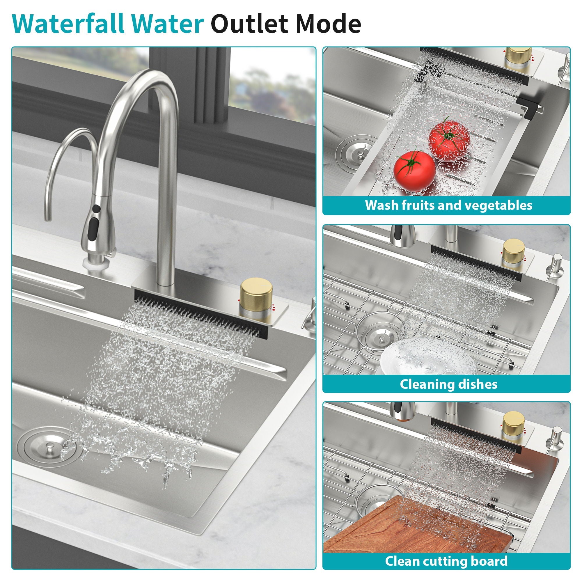 Waterfall Kitchen Sink With Pull Out Faucet & Cup Washer by HouseOfZazla