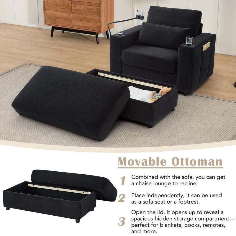 Modern Style Armchair Chaise Lounge Sofa Couch With Movable Storage Ottoman, USB Ports, Cup Holders, Phone Holder, Side Pockets by Unique Piece Furniture