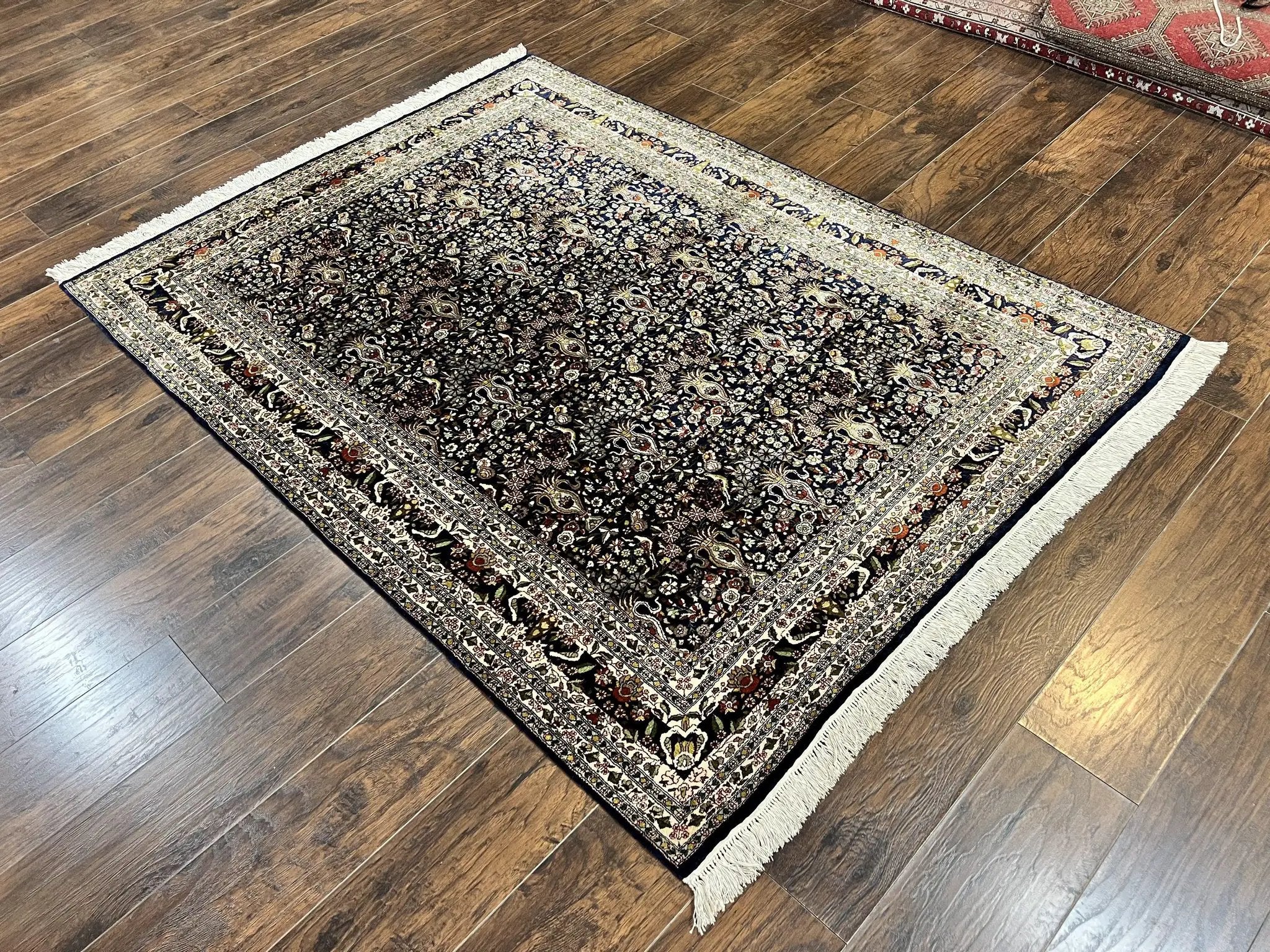 Silk Indian Kashmiri Rug 5x7, Navy Blue Indo Persian Silk Carpet 5 x 7 ft, Hand Knotted Handmade Very Fine Oriental Carpet, 450 KPSI, Birds by Jewel Rugs