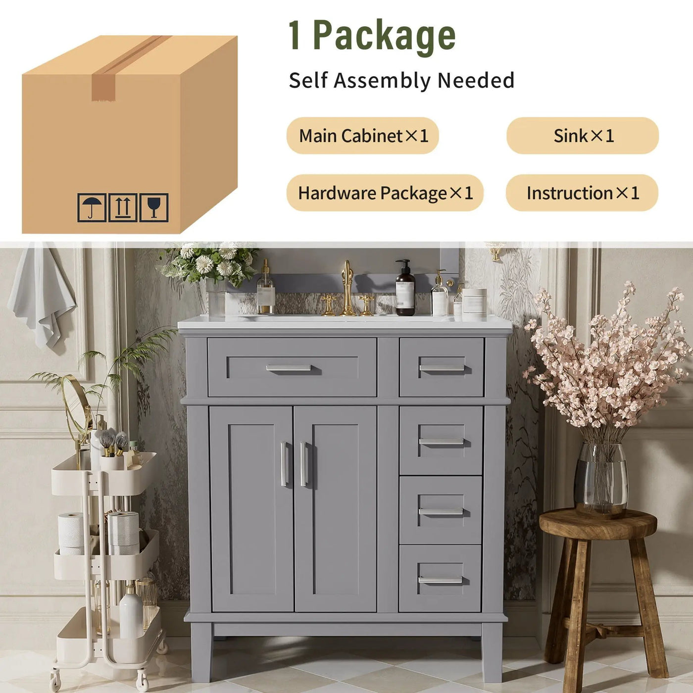 Modern Bathroom Vanity With Sink, Storage Cabinet, Soft Close Doors, Deep & Standard Drawers by HouseOfZazla
