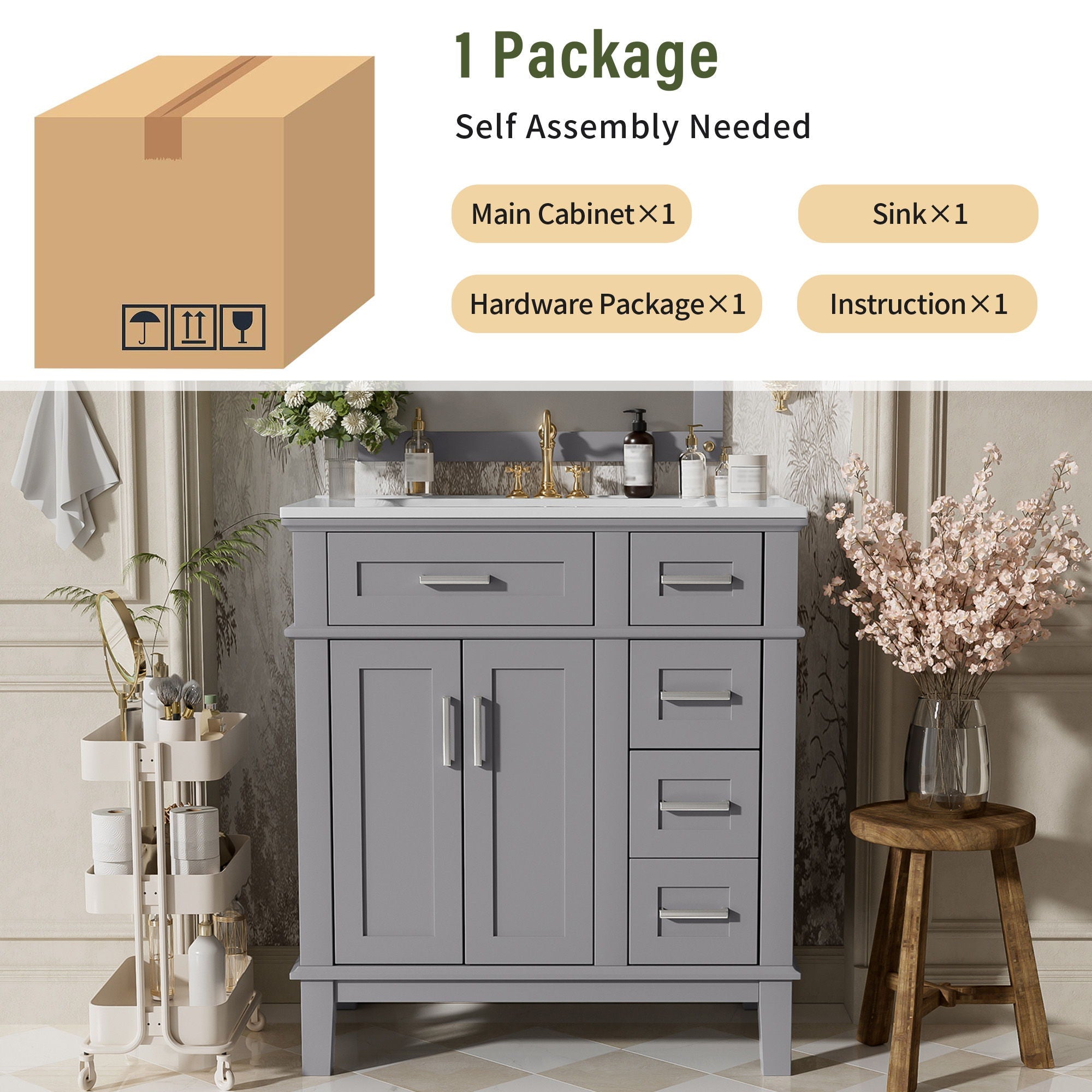 Modern Bathroom Vanity With Sink, Storage Cabinet, Soft Close Doors, Deep & Standard Drawers by HouseOfZazla