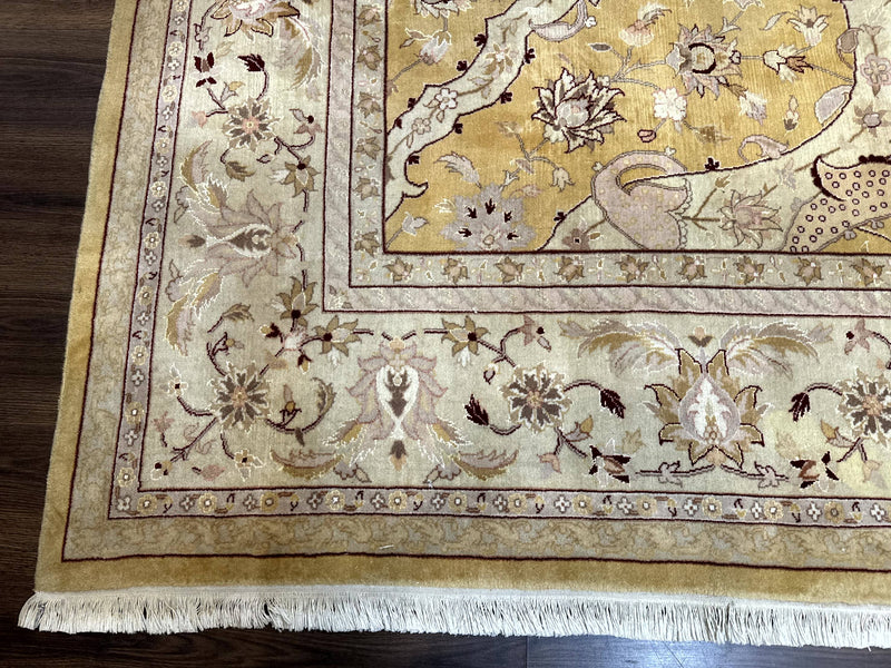 Sino Persian Rug 8x11, Wool with Silk Highlights, Unique Colors, Gold and Light Green, Fine 240 KPSI by Jewel Rugs