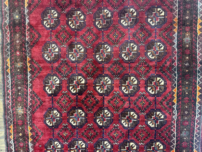 Persian Turkoman Tribal Rug 4x8, Handmade Vintage Wool Carpet, Red, Bohemian Rug by Jewel Rugs