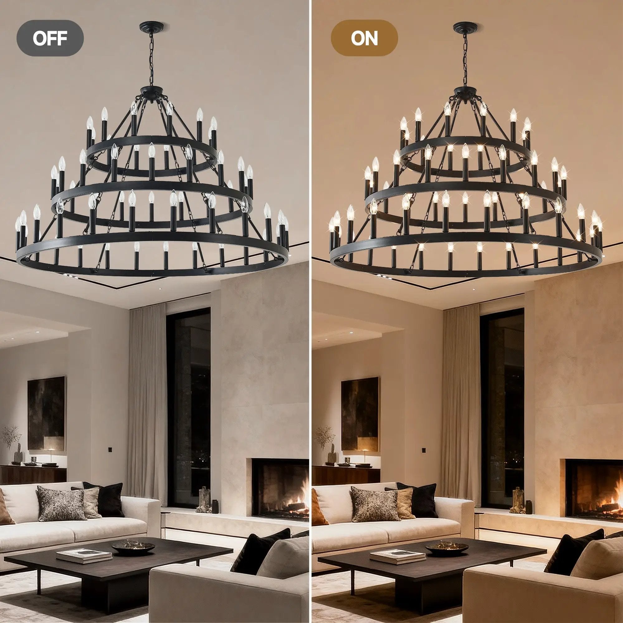 3 Tiers Wagon Wheel Chandelier - 54-Light Matte Black Metal by HouseOfZazla