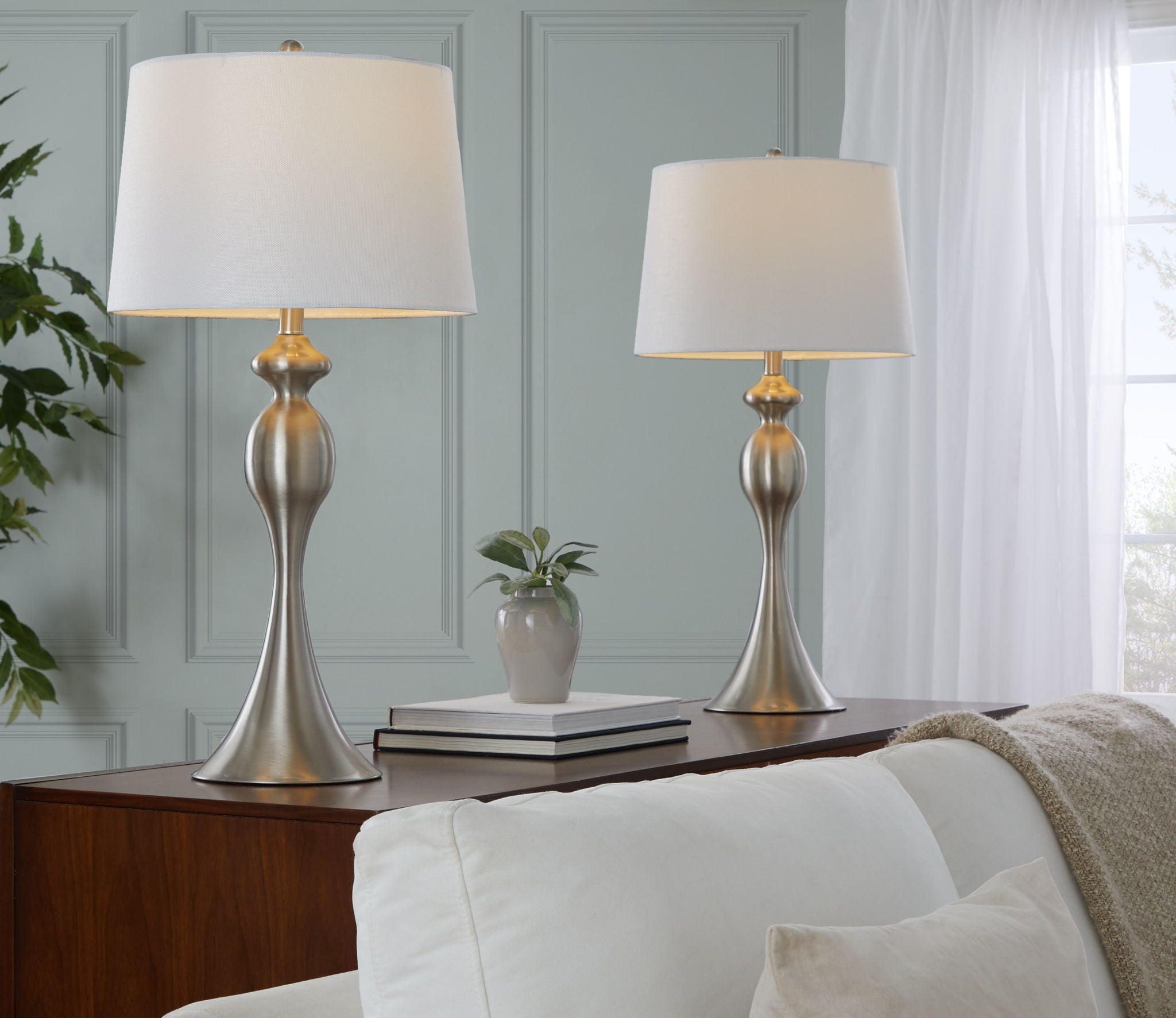Ashland - Contemporary Table Lamp (Set of 2) - Nickel / White by HouseOfZazla