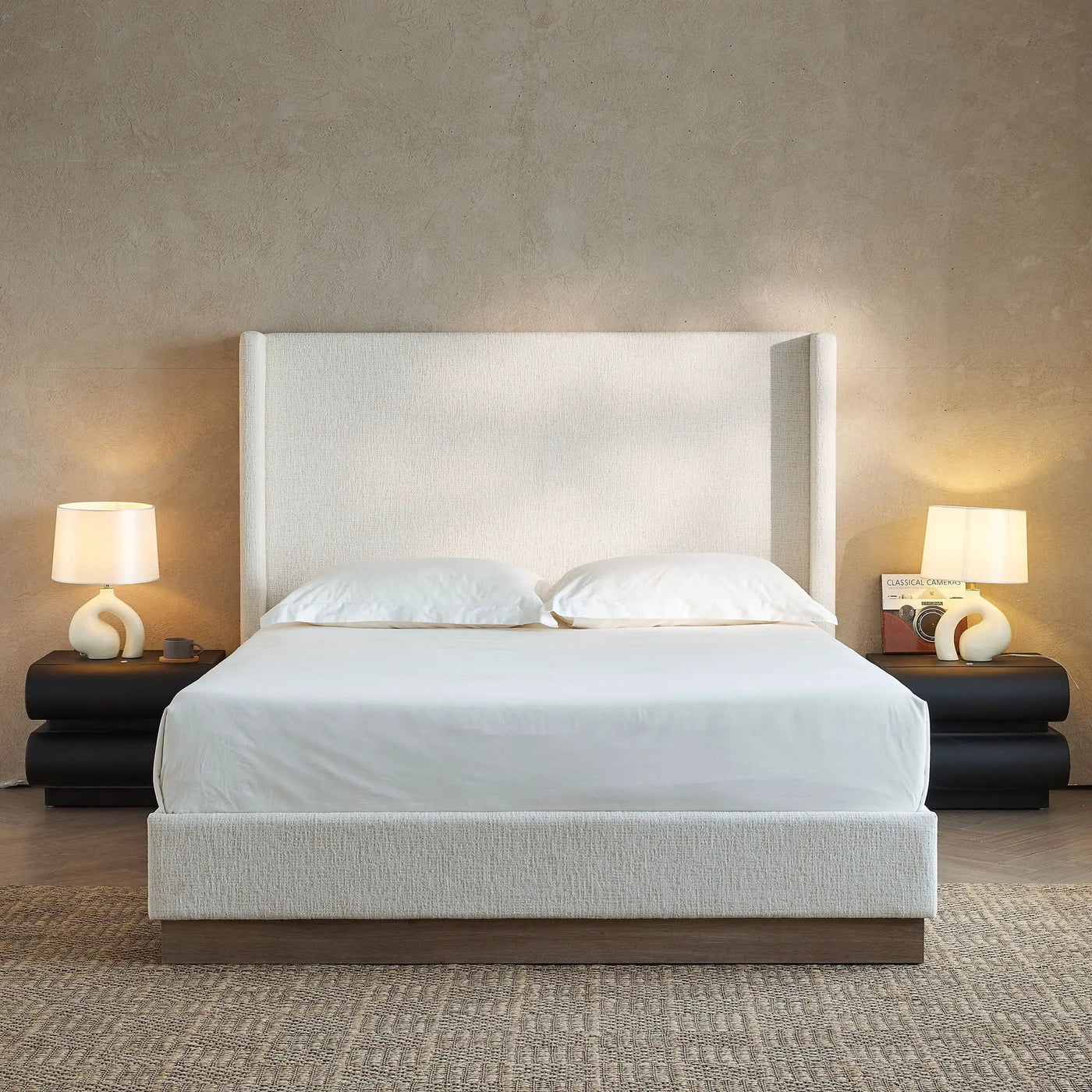 Hosford - Minimalist Upholstered Wingback Bed With Wood Base Platform by HouseOfZazla