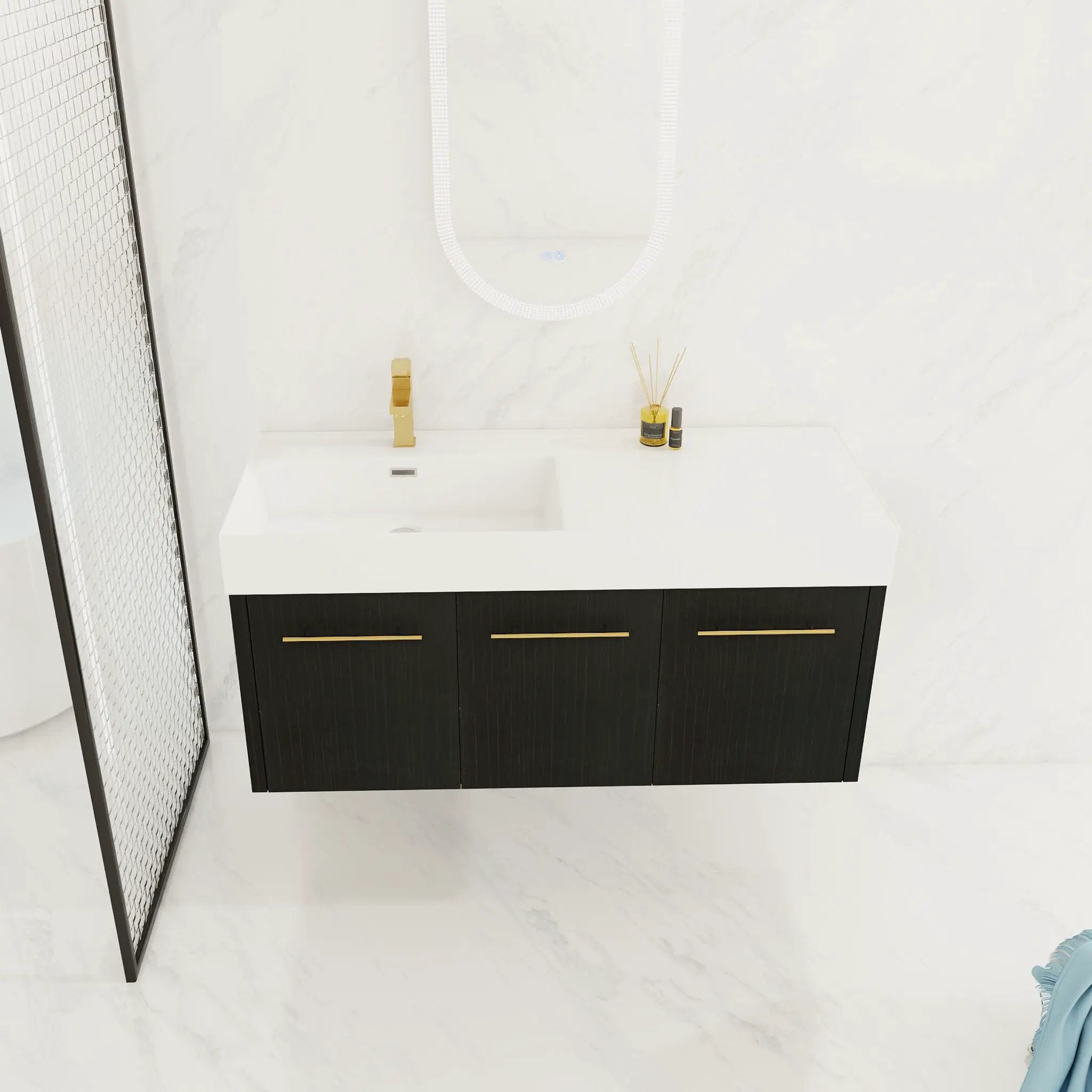 Contemporary 48" Wall Mounted Bathroom Vanity With Resin Sink And Soft Closing Doors And Line - Black Chestnut by HouseOfZazla