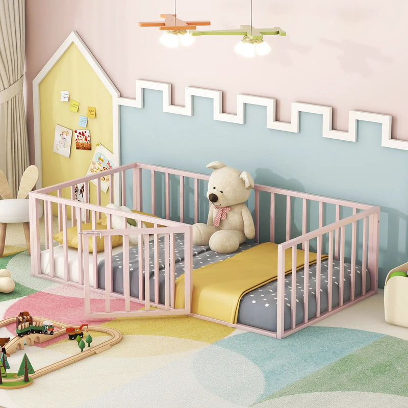 Metal Floor Bed Frame With Fence And Door by HouseOfZazla