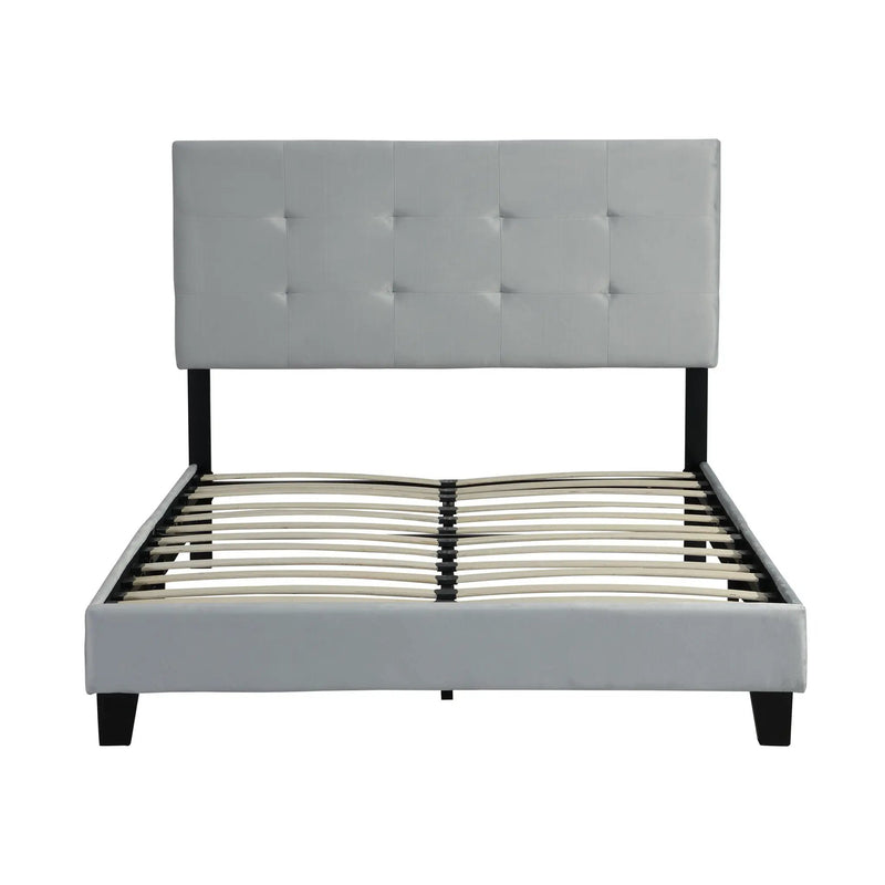 Full Size Upholstered Platform Bed Frame With Pull Point Tufted Headboard, Strong Wood Slat Support, Mattress Foundation, No Box Spring Needed - Gray by Unique Piece Furniture