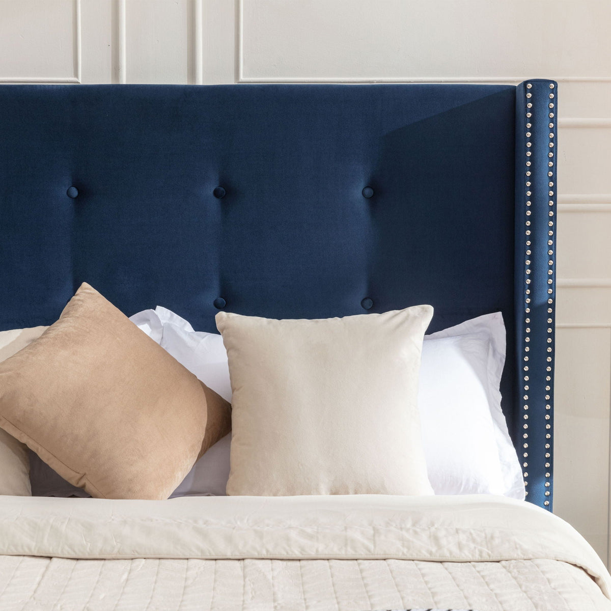 Upholstered Bed with 54" High Headboard and Hand Buttoned Tufting - White or Blue, photo 24 of 40