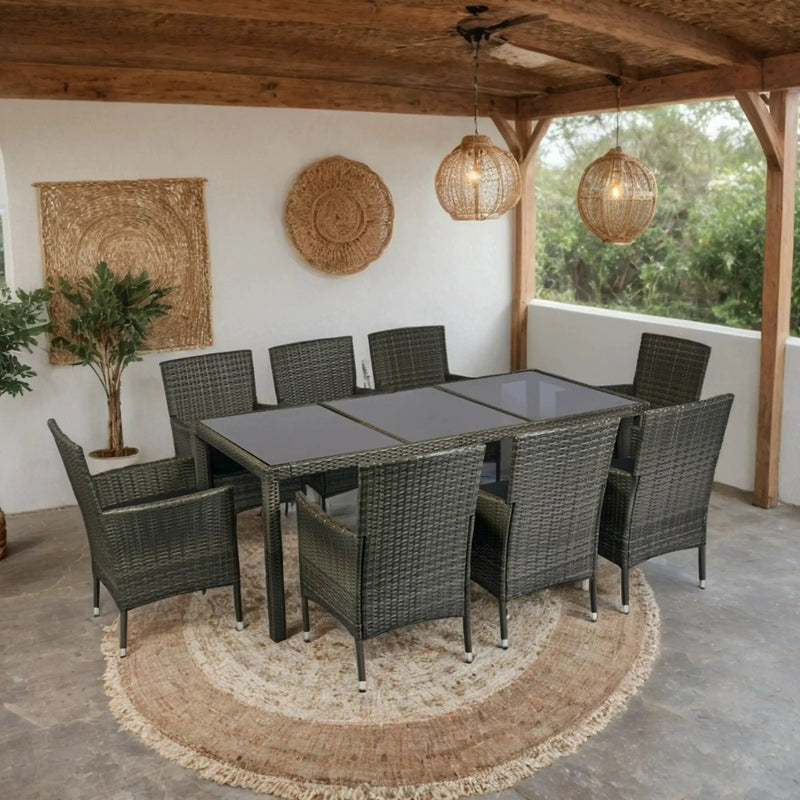 9 Piece Outdoor Patio Wicker Dining Set Patio Wicker Furniture Dining Set Glass Top - Gray / Black by HouseOfZazla