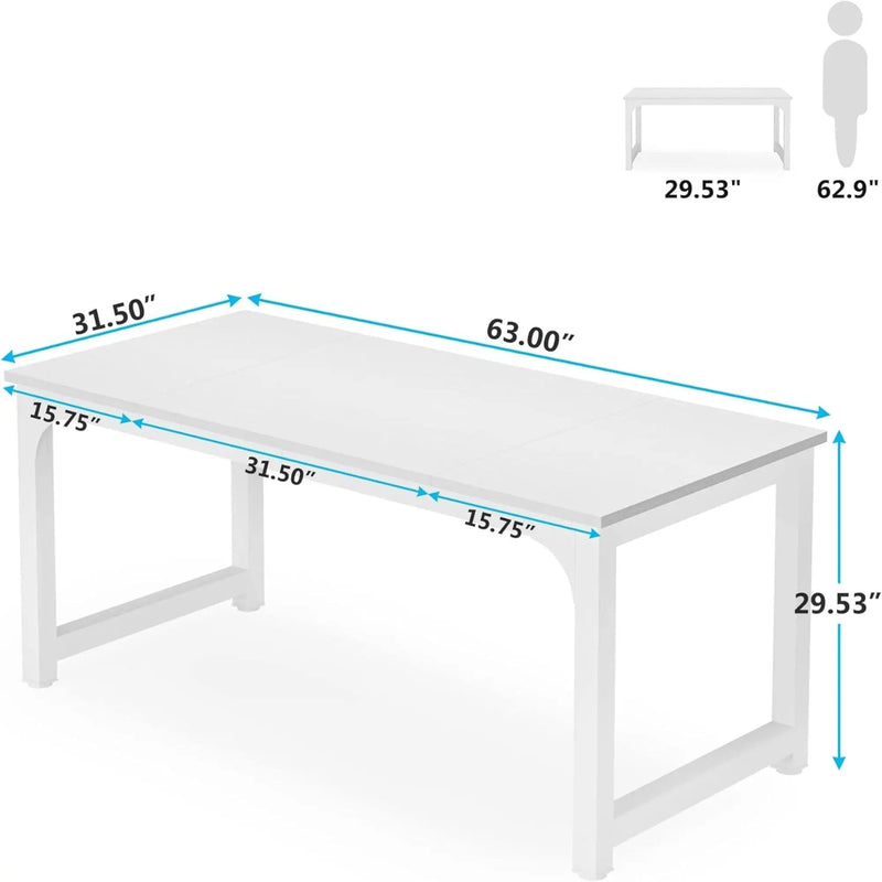 Executive Desk, Large Office Computer Workstation With Thick Frame - White