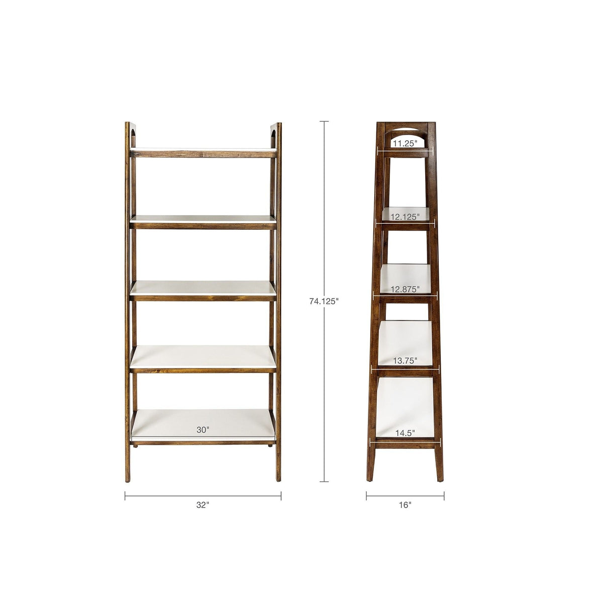 Mid-Century 5 Shelf Bookcase with Solid Rubber Wood Frame - Off White / Pecan, photo 3 of 5