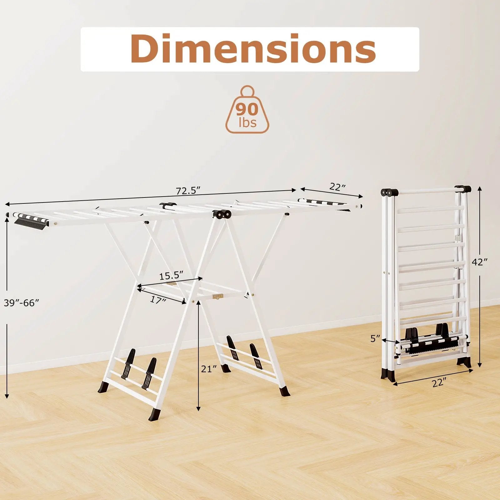72.5 Inches Clothes Drying Rack with Height Adjustable Wings by DirectDeals