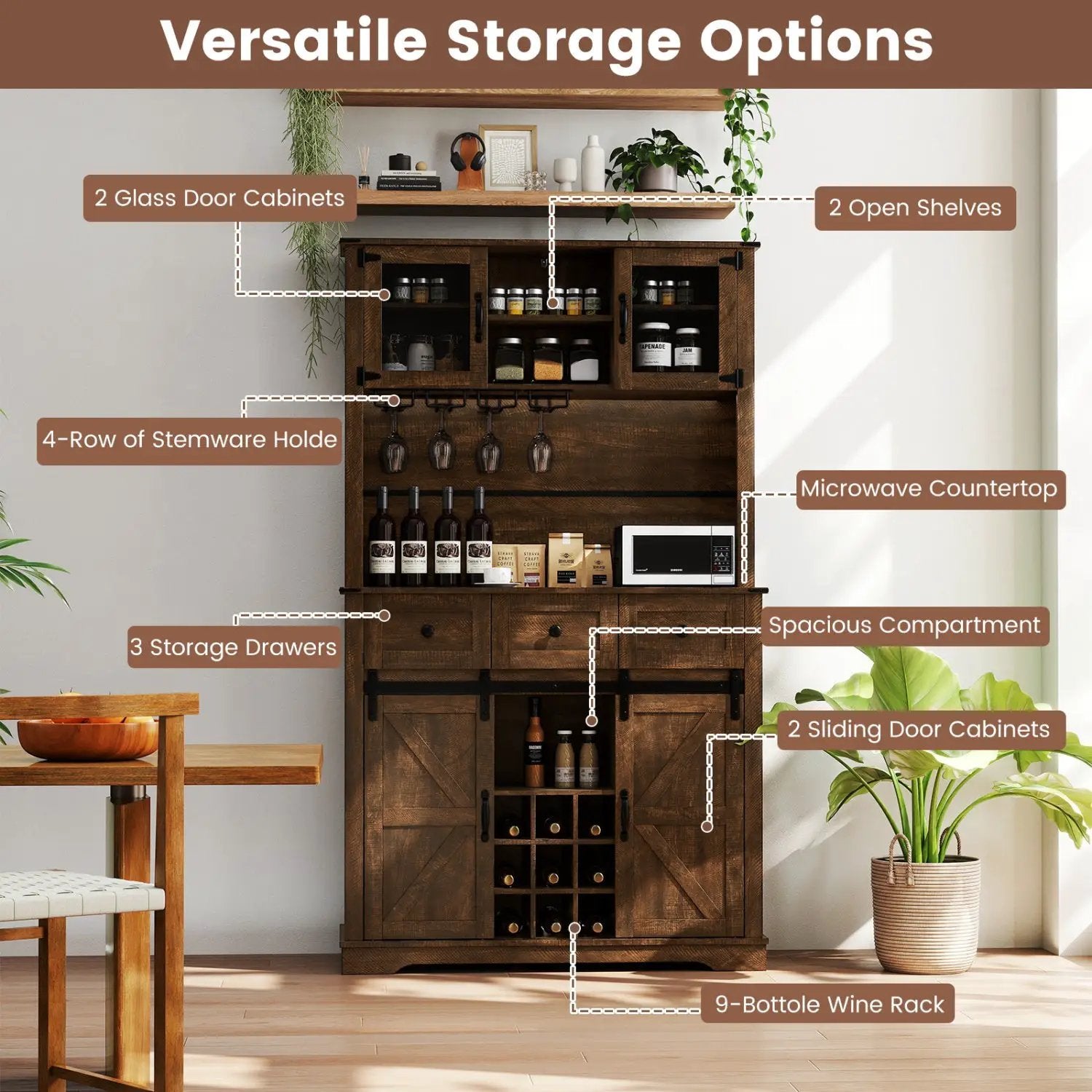 72 Inch Coffee Bar Cabinet with Drawers and Sliding Barn Doors by DirectDeals