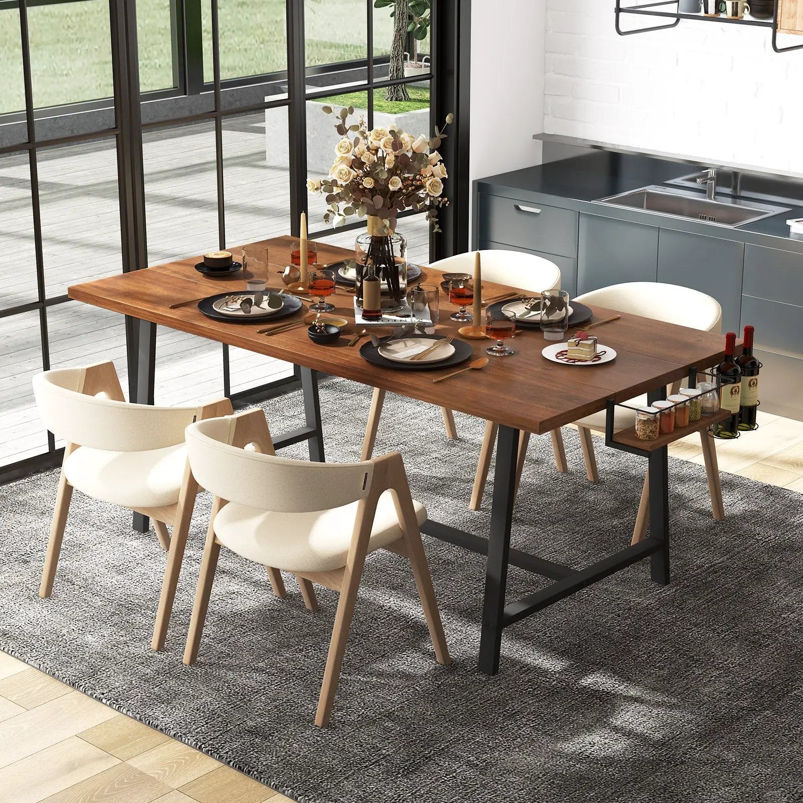 72 Inch Dining Table Rectangular Kitchen Table with 2-Bottle Wine Rack for 5-7-Walnut by DirectDeals