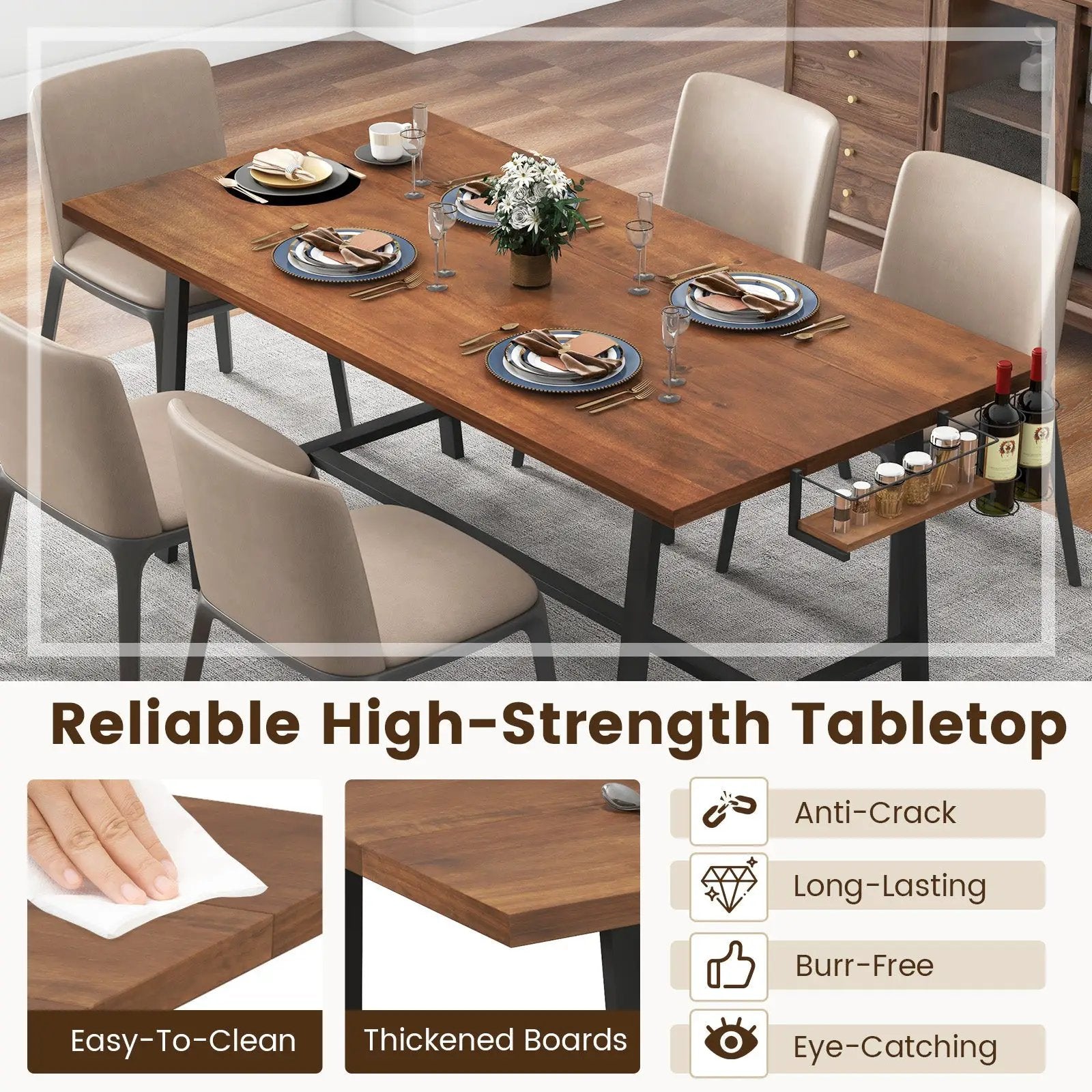 72 Inch Dining Table Rectangular Kitchen Table with 2-Bottle Wine Rack for 5-7-Walnut by DirectDeals