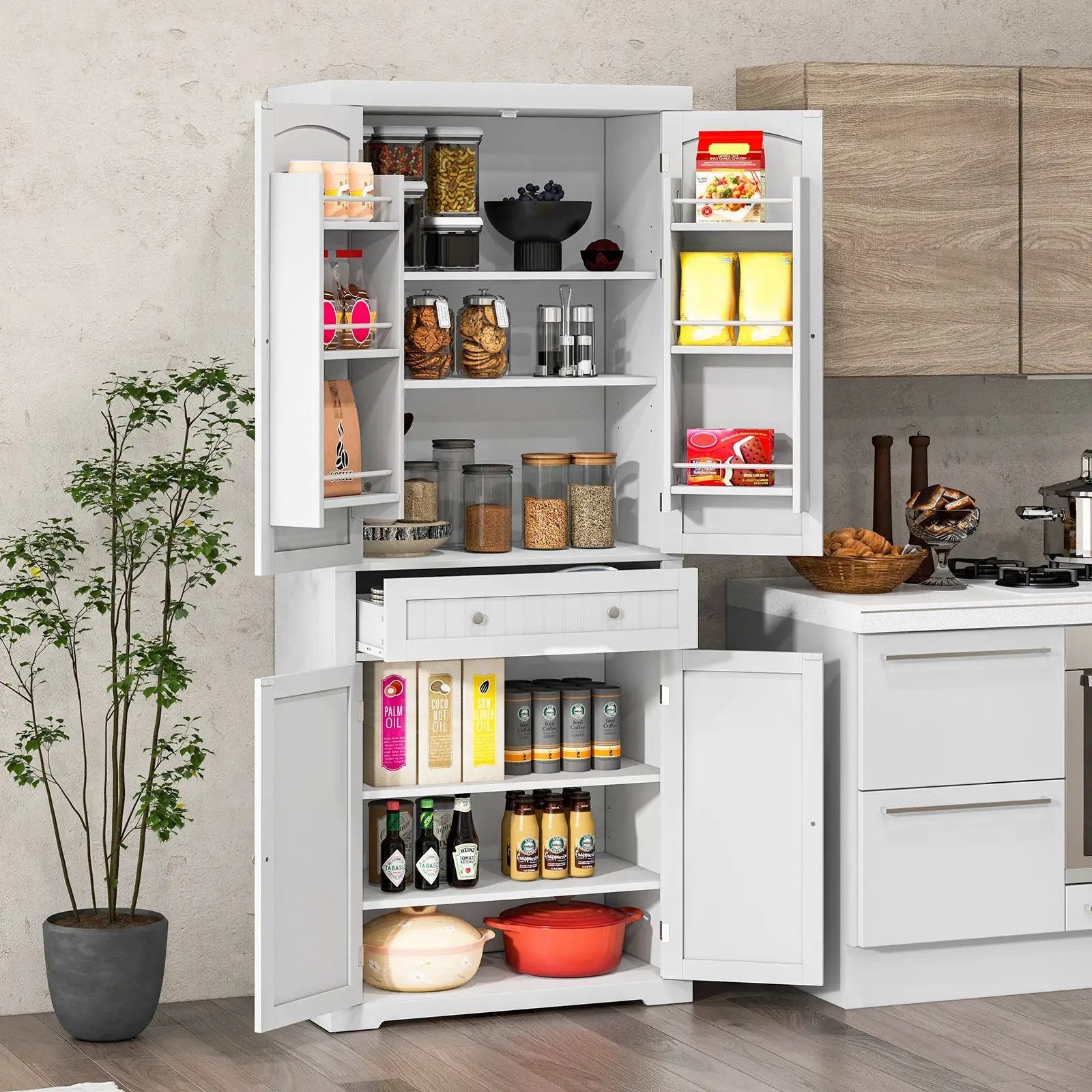 72 Inch Freestanding Kitchen Pantry Cabinet 4 Doors Storage Cupboard Shelves Drawer-White by DirectDeals