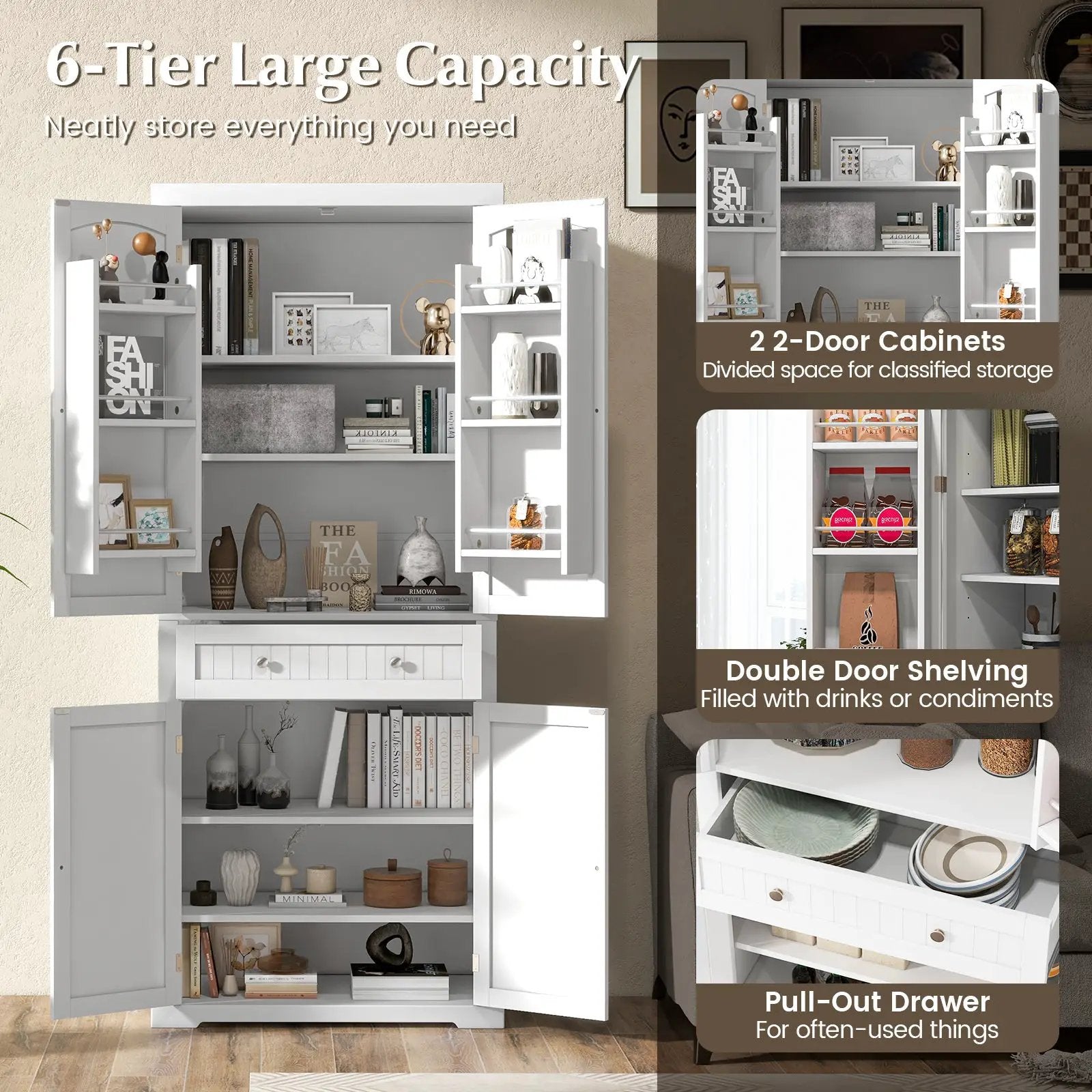 72 Inch Freestanding Kitchen Pantry Cabinet 4 Doors Storage Cupboard Shelves Drawer-White by DirectDeals