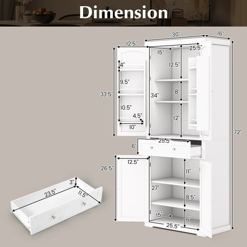 72 Inch Freestanding Kitchen Pantry Cabinet 4 Doors Storage Cupboard Shelves Drawer-White by DirectDeals