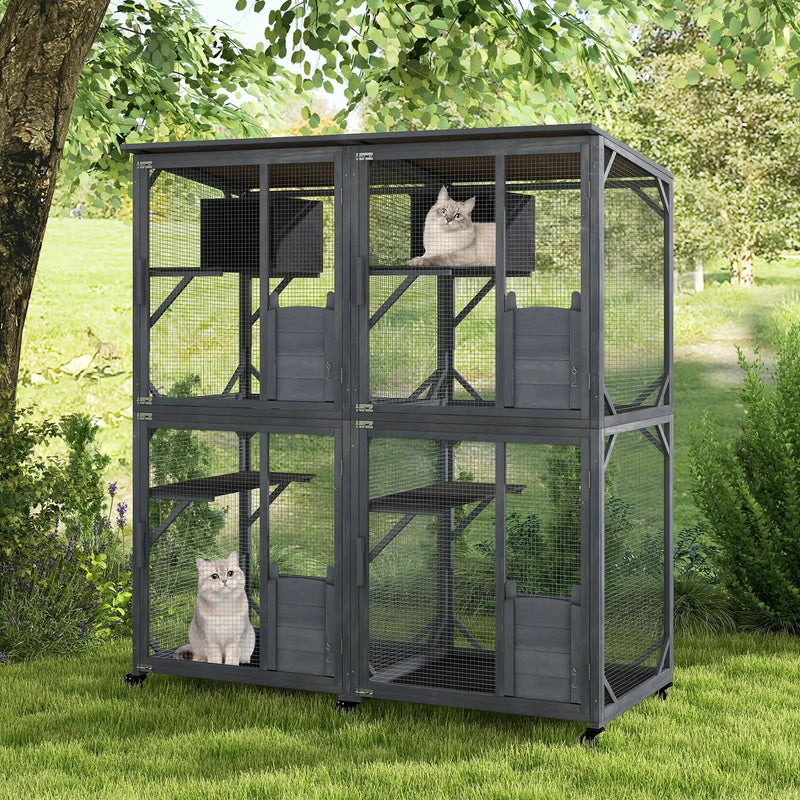 72 Inch Large Wooden Cat House Catio Kitten Enclosure on Wheels with Weatherproof Asphalt Roof-Gray by DirectDeals
