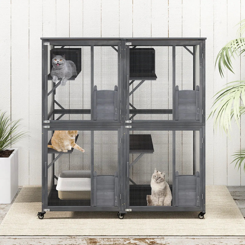 72 Inch Large Wooden Cat House Catio Kitten Enclosure on Wheels with Weatherproof Asphalt Roof-Gray by DirectDeals